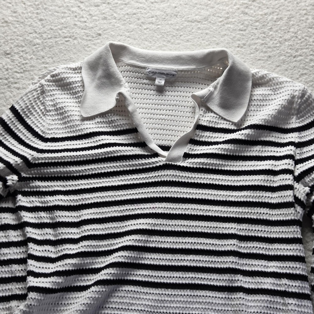 Calvin Klein Jeans Sweater Womens Large White Striped Open Knit Pullover